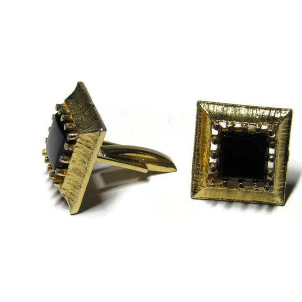 Cufflinks Gold-Tone Black Polished Stone Square